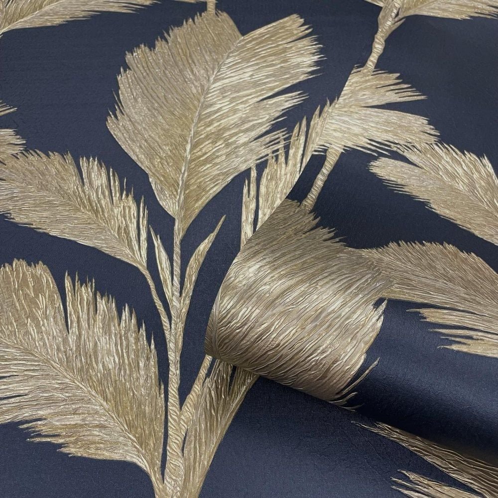 Alessia Leaf Heavyweight Vinyl Wallpaper Navy Gold - Image 3