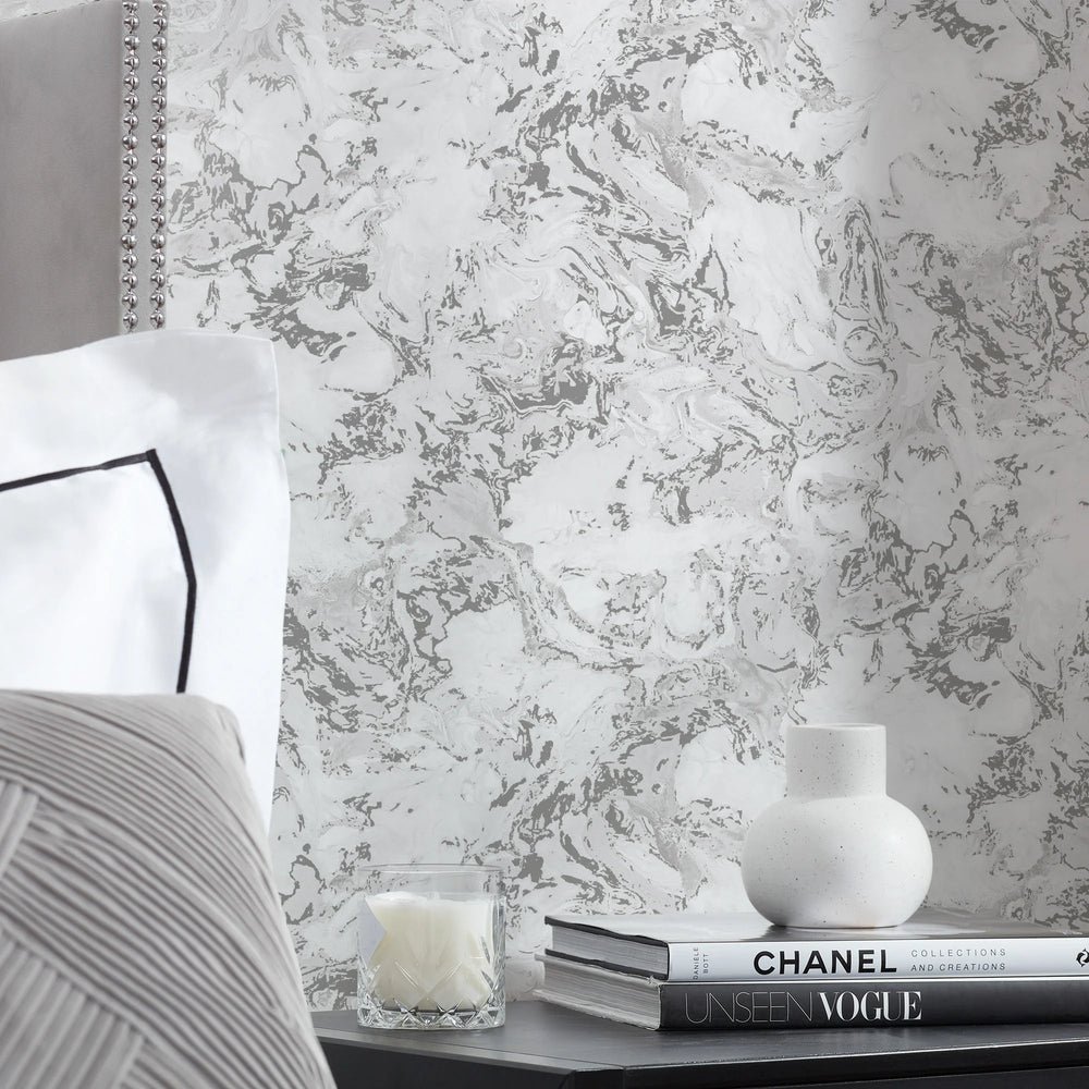 High-quality Marble Wallpaper in Silver for contemporary interior design
