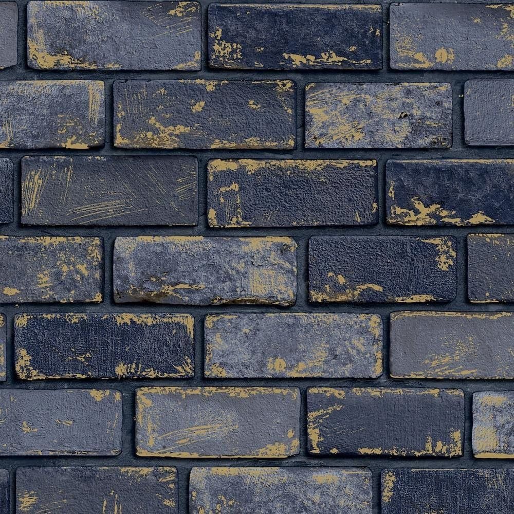 Metallic Brick Trendy Wall Wallpaper Navy Gold - Image 3