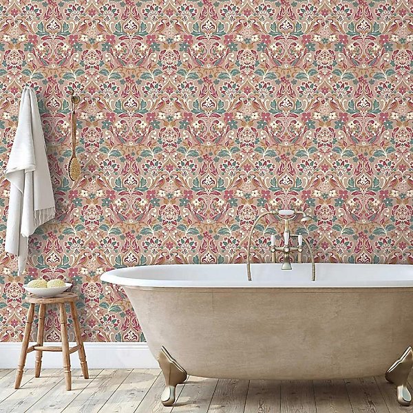 Arthouse Folk Floral Pink Wallpaper stylish living room décor