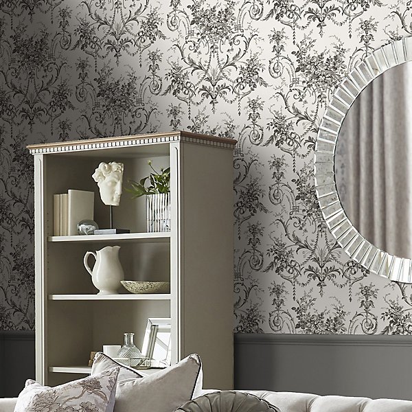 Laura Ashley White & Charcoal Grey Tuileries Smooth Wallpaper - Image 3
